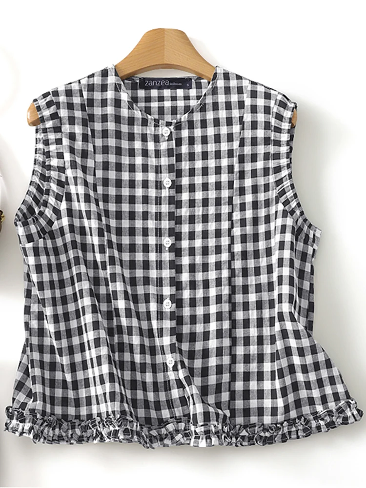 

2025 ZANZEA Fashion Tops Women Sleeveless Plaid Tees Casual Loose Buttons Checked Tanks Summer Camis O-Neck Elegant Blusas Mujer