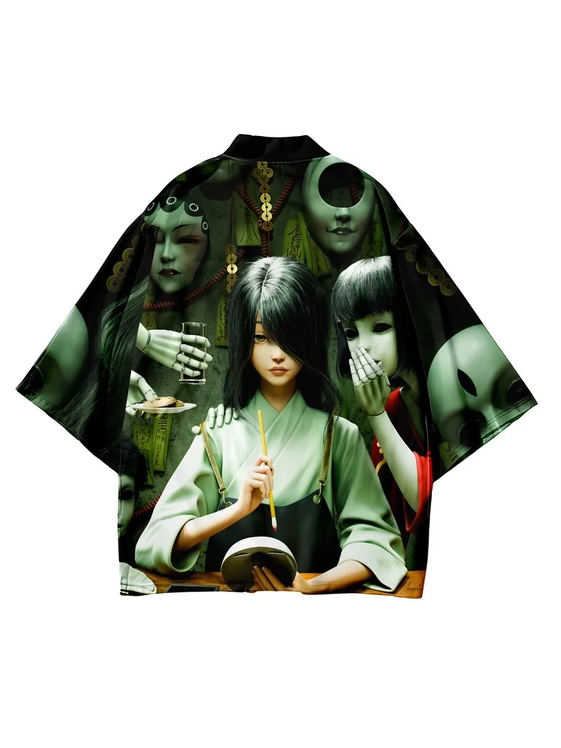 2024, черный юката с принтом персонажей аниме, женский Harajuku, традиционный японский костюм, японский кардиган, кимоно, мужской косплей Хаори