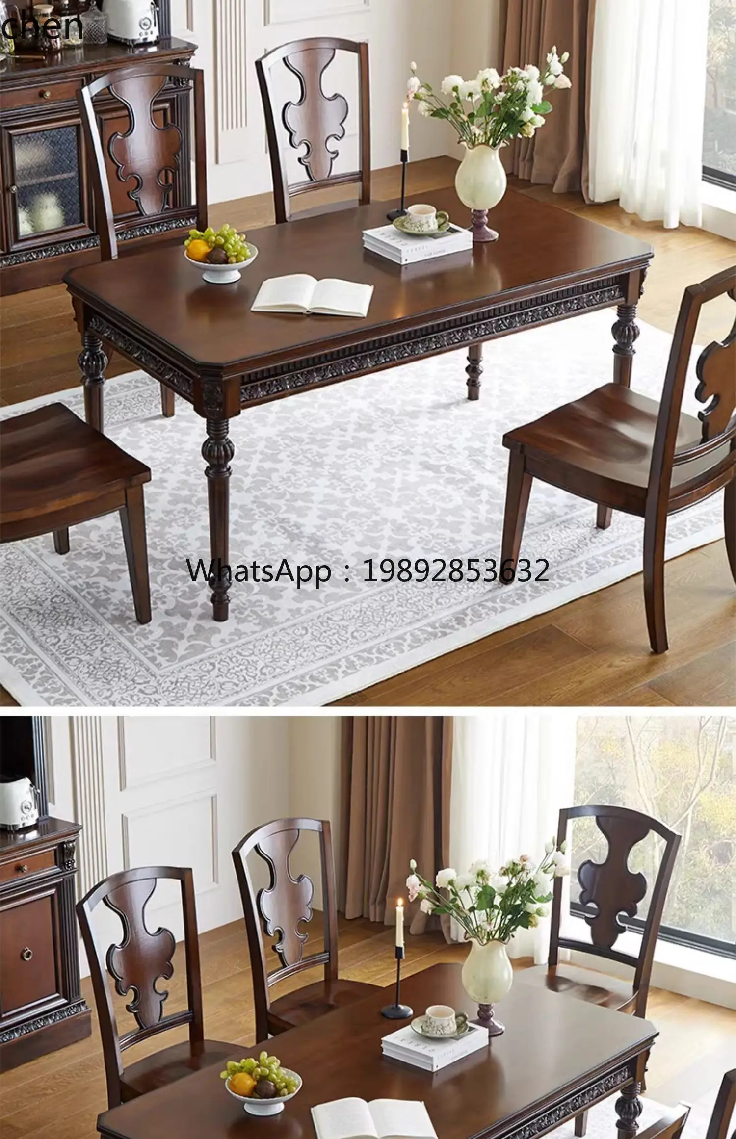 pure solid wood dining table and chair combination carved  log rectangular large apartment restaurant household dining table