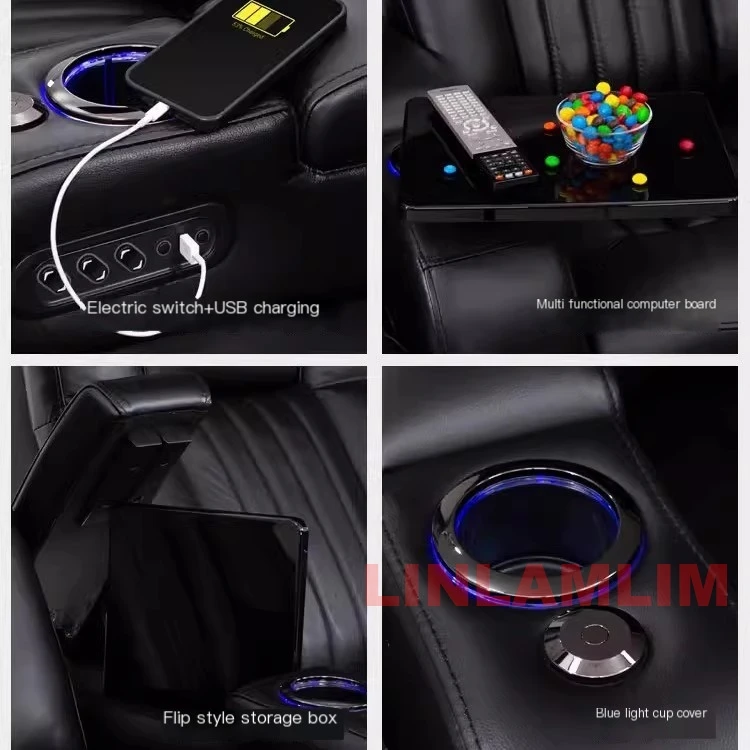 أريكة استلقاء فاخرة بمحركات مزدوجة مع إضاءة LED، USB، تخزين مخفي، طاولة وصينية قابلة للطي - أريكة كرسي بثلاثة مقاعد