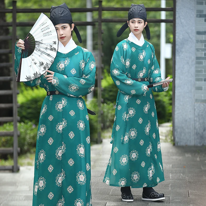 グリーン漢服男性夏唐ラウンドネックローブ薄いシフォン花柄武道スタイル書道スタイル軽量伝統的な中国服