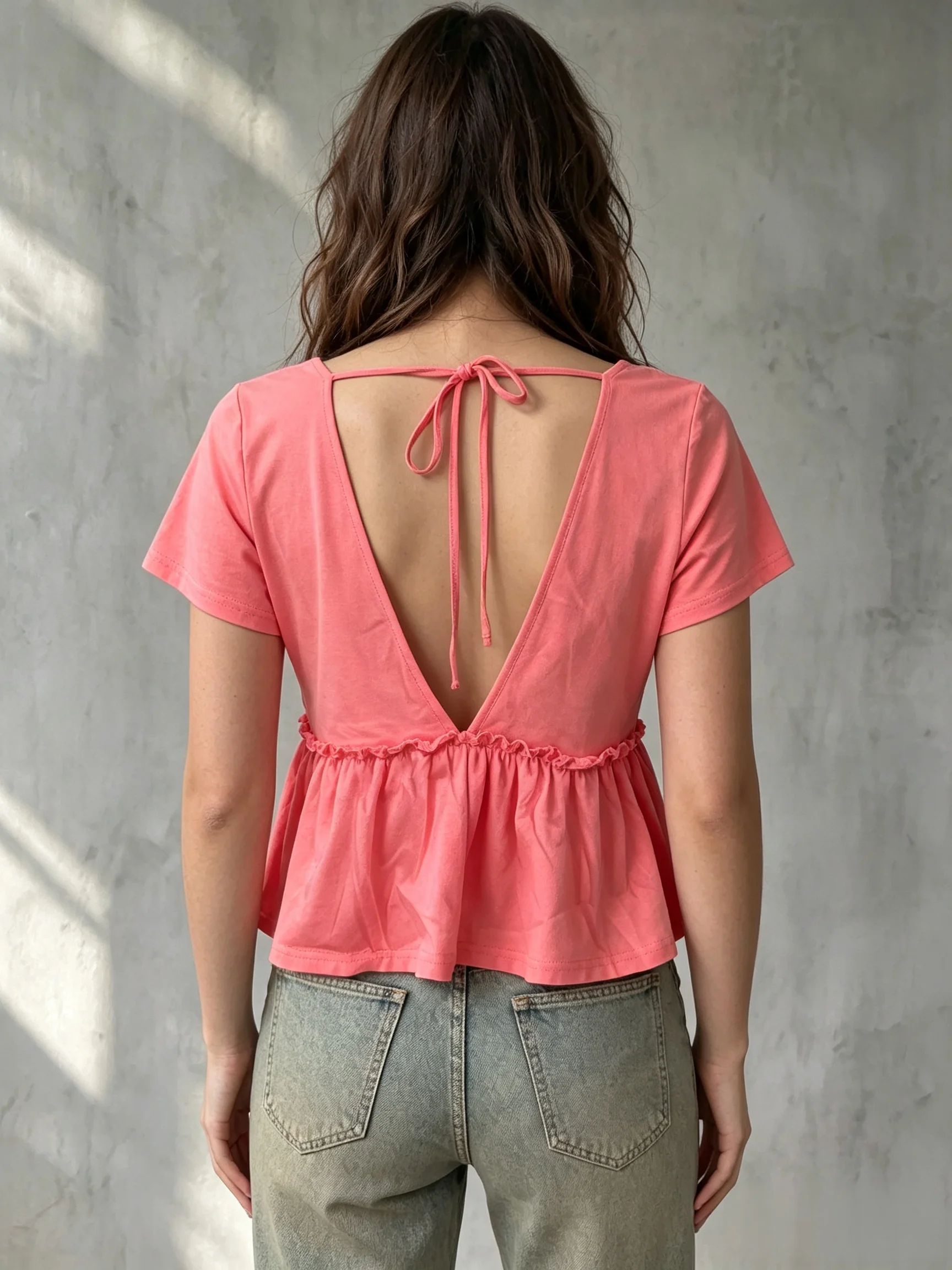 Deep V-Neck Backless Design with Tie Straps + Ruffled Waist-Cinching Feature, Pure and Alluring Peach Pink Short Top