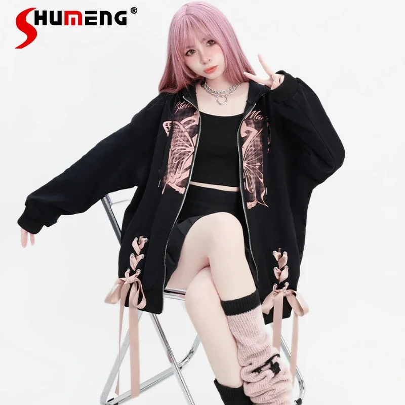 Japanese Style New Ribbon Bow Print Loose Hooded Zipper Sweatshirts Coat Autumn Winter New All-Matching Oversize Hoodies Jackets