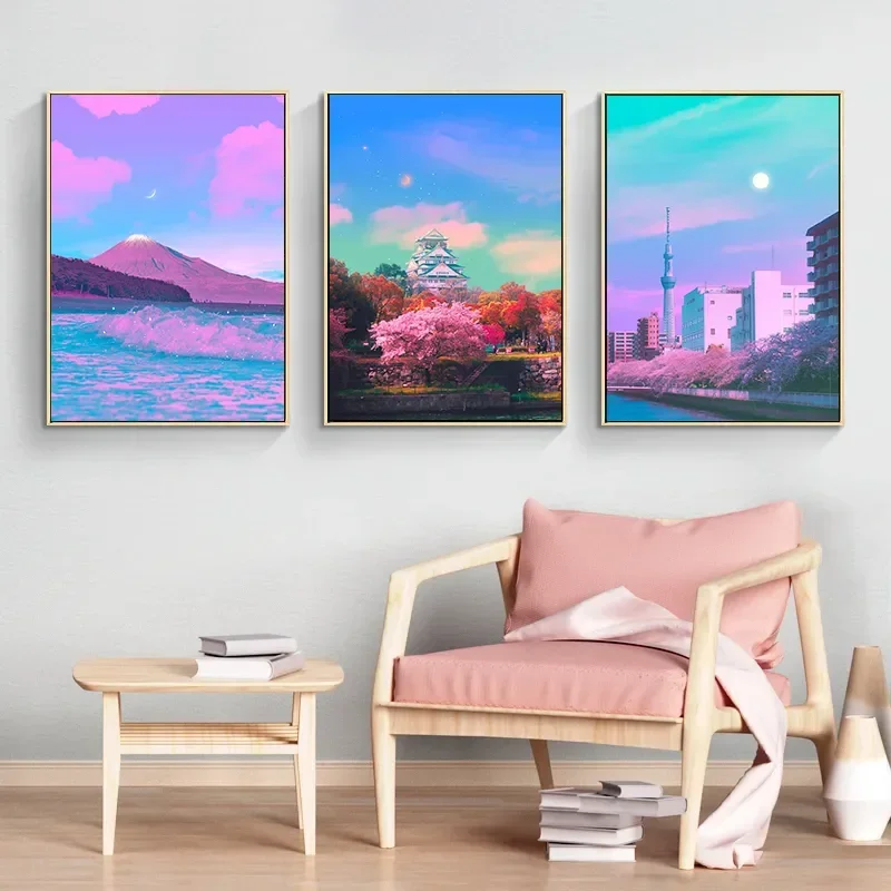 Nordic Cartoon Aesthetics Wall Art 80'S Magic Japanese Tourist City Night Street Moon HD Oil On Canvas Poster Home Decor Gift