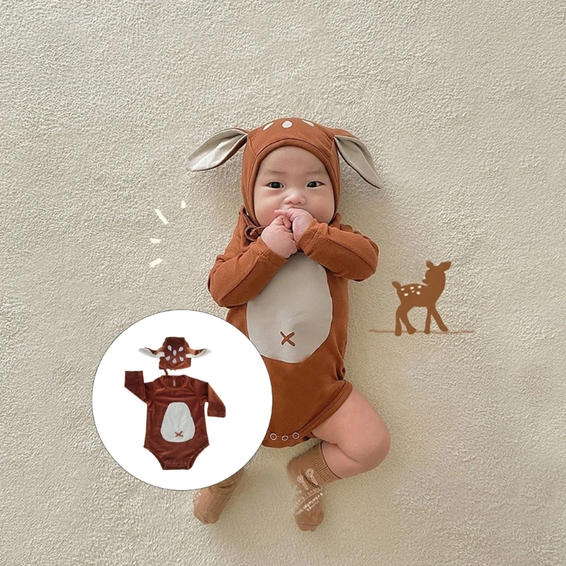 

Newborn Photo Props Deer Ear Bonnet Hat & Cute Jumpsuit Baby Photography Clothes Dress Up Romper & Hat Reindeer Costume