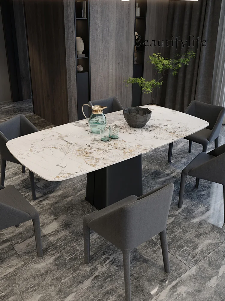 Italian Stone Plate Dining Table and Chair Modern Minimalist Furniture Combination Dining Table Light Luxury Carbon Steel Table