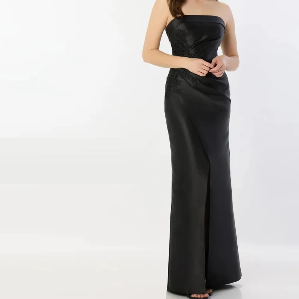 

Classic Strapless Sleeveless Appliques Floor Length Straight Backless Satin Evening Dress Zipper Back Bespoke Occasion Gowns