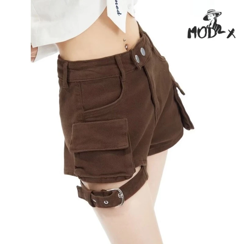 MODX-pantalones cortos de mezclilla de cintura alta para mujer, ropa de exterior retro americana, pantalones de trabajo de dos bolsillos, sentido de