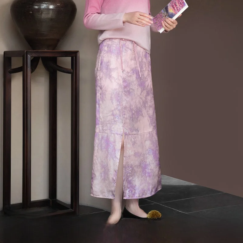 

Spring Summer New Arrival Women's Midi Skirt Floral Embroidery Slit Purple A-Line Skirt Vintage Sle mid Waist Design