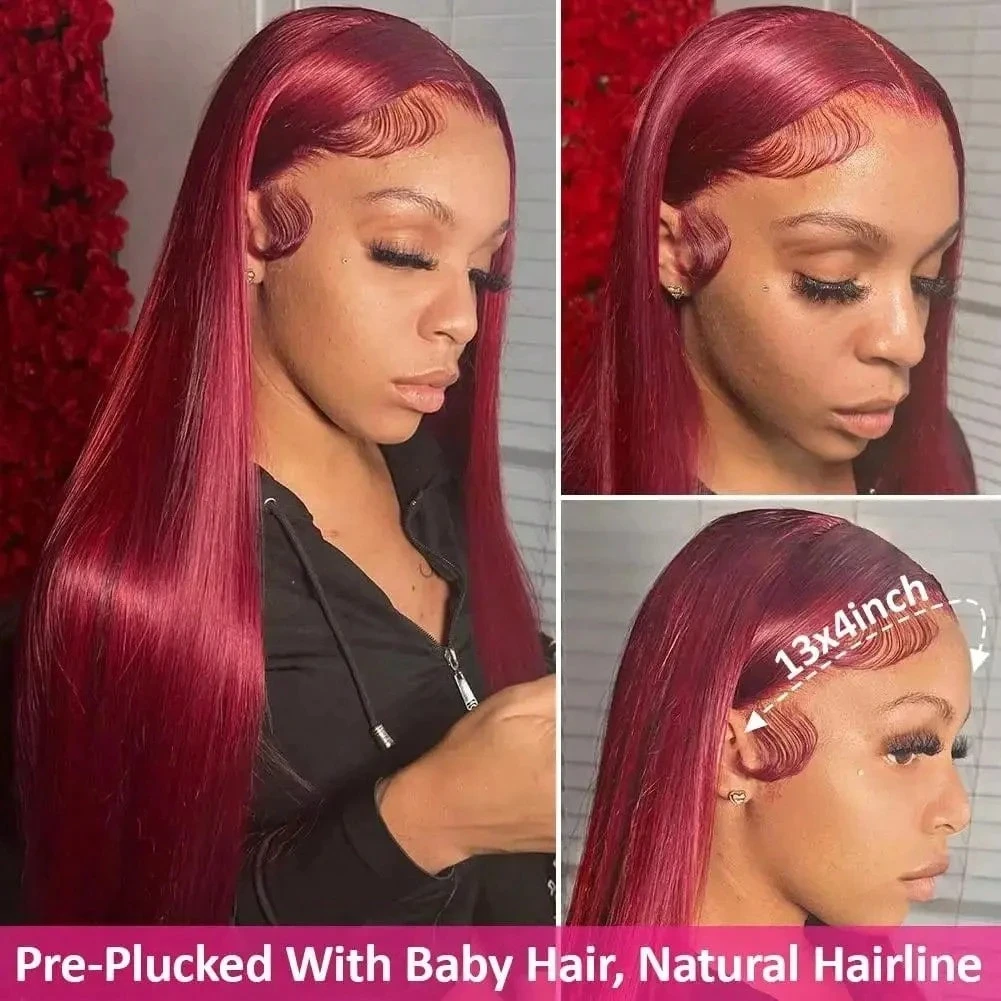 13x4 Transparent 28 Inch 99J Burgundy Straight Lace Front Human Hair Wigs 180 Density Brazilian Pre Plucked Hairline With Baby Hair Elastic Band Can Be Middle Part Left/ Right Side Part And Free Part Available Red Wine For Women