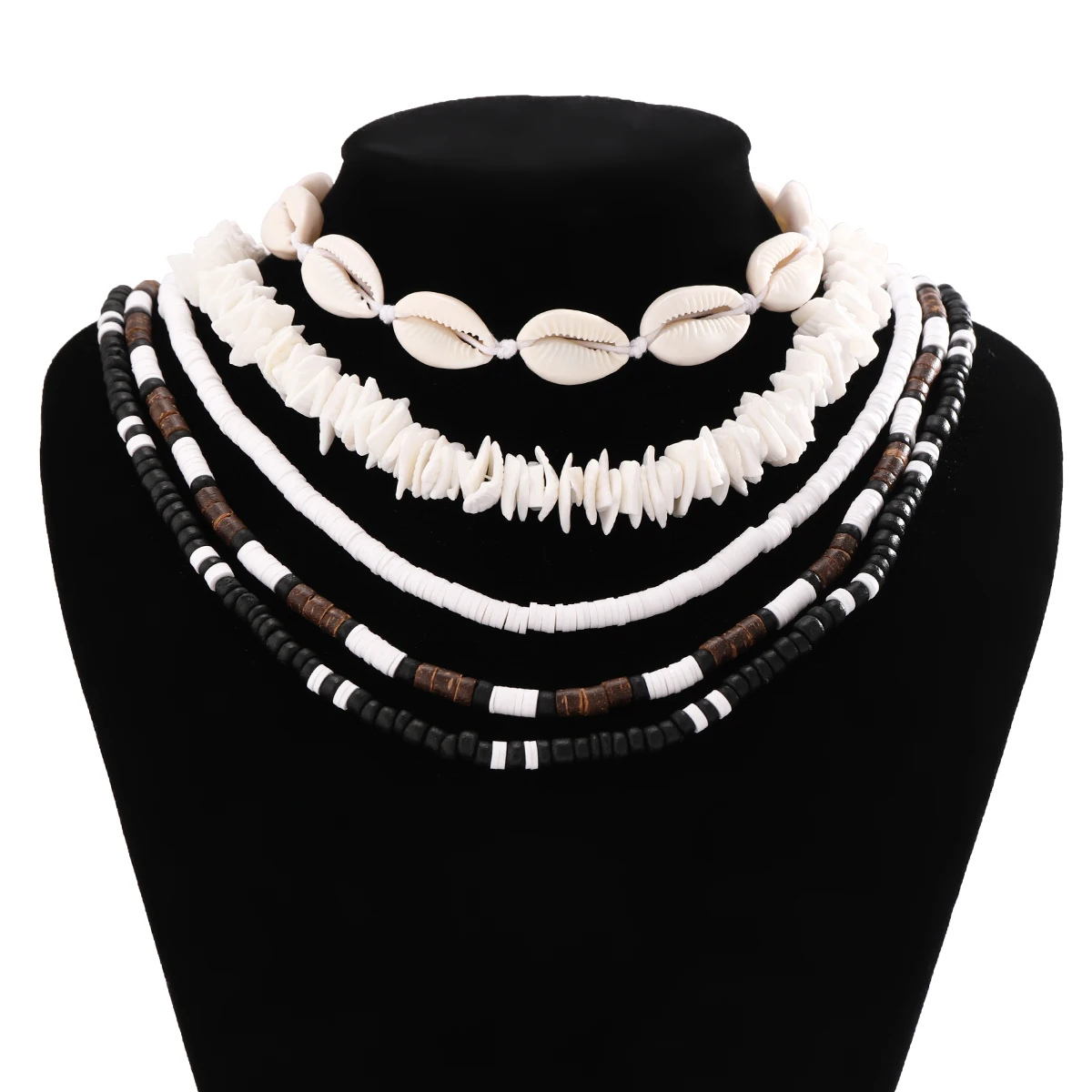 KunJoe 5pcs/set Bohemian Wood Beaded Choker Necklace for Men Vintage Soft Clay Necklace Tribal Surfer Jewelry
