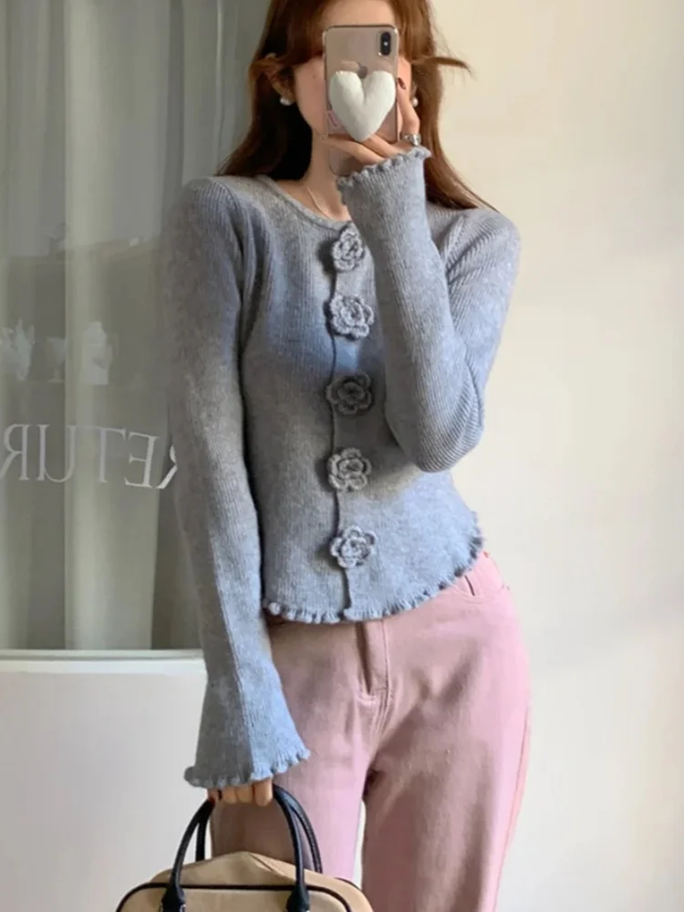 Korea Elegant Roses Sweaters Women Slim-Fit Chic Knitted Sweet Full Sleeve Autumn Daily Gentle Office Lady Winter Tops Pullover