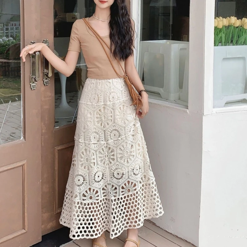 

Knitted Crochet Flared A Line Long Skirt for Women Bohemian Hollow Out Embroidery Elastic High Waist Beach Flowy Skirt