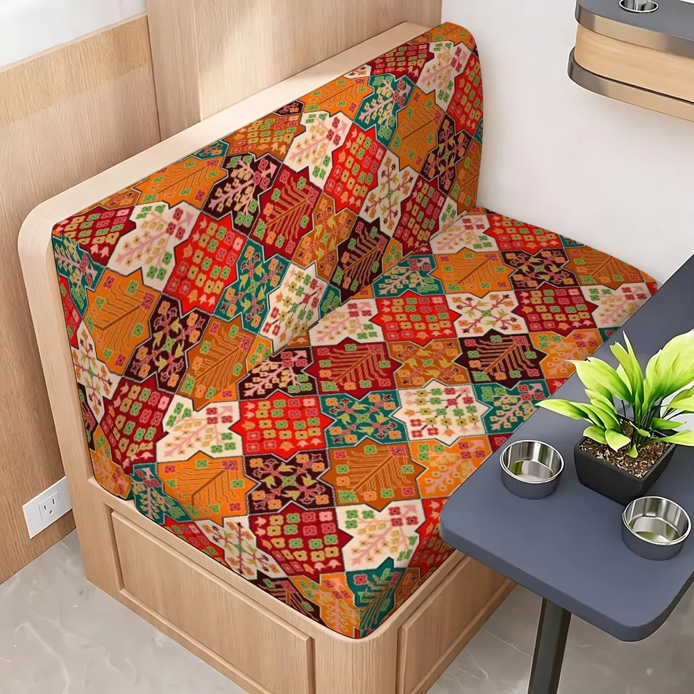 

1Set 2D RV Dinette Cushion Covers, 1 Seat Cover And 1 Backrest Cover, Red Orange Green Ethnic Floral Diamond Kilim Tribal Ornament Print, Stretch Protective RV Interior Upgrade, Easy Install Decor for Camper And Travel Trailer
