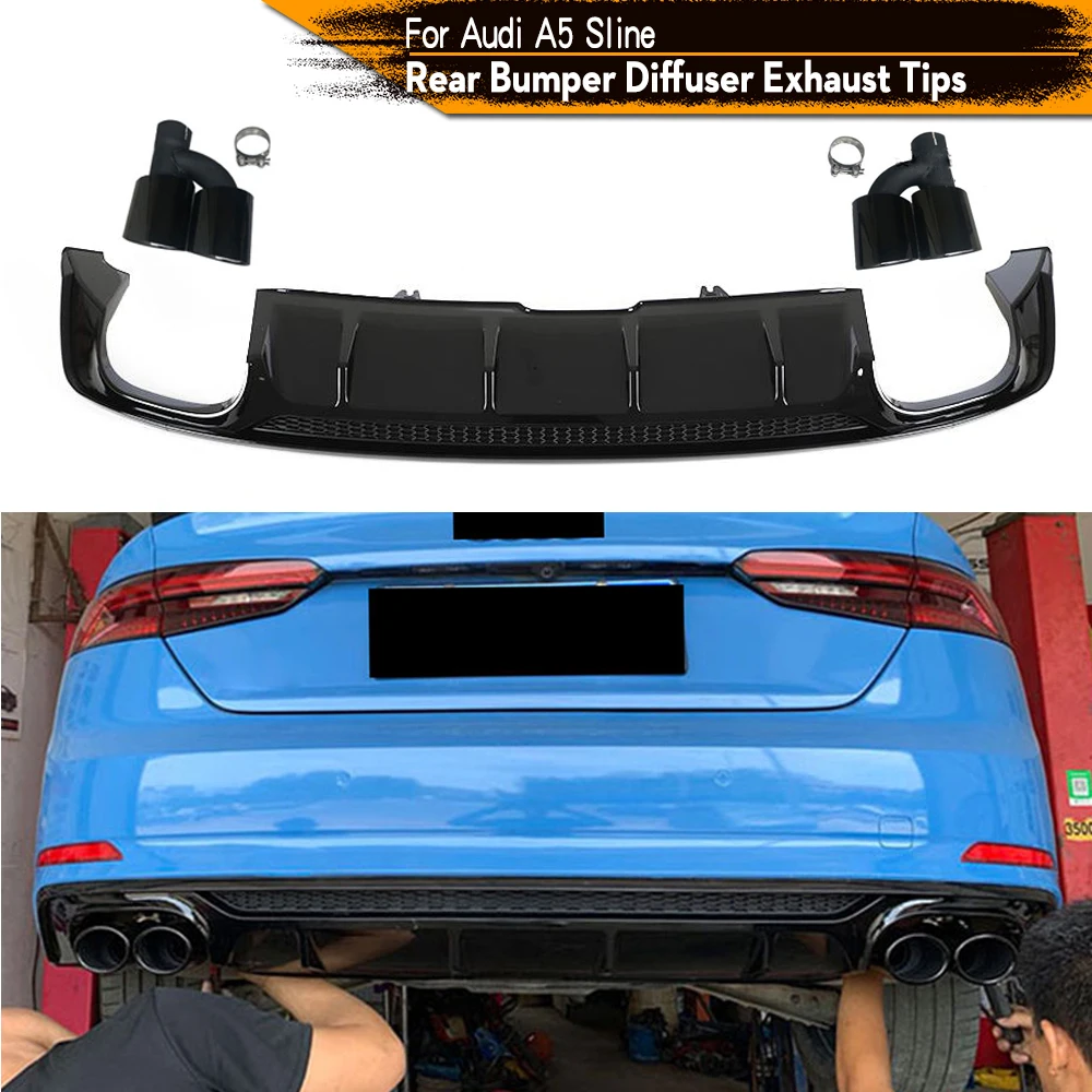 Car Rear Bumper Diffuser Spoiler Lip for Audi A5 S-line 2017 - 2019 Car Rear Bumper Diffuser Lip PP Exhaust Tips