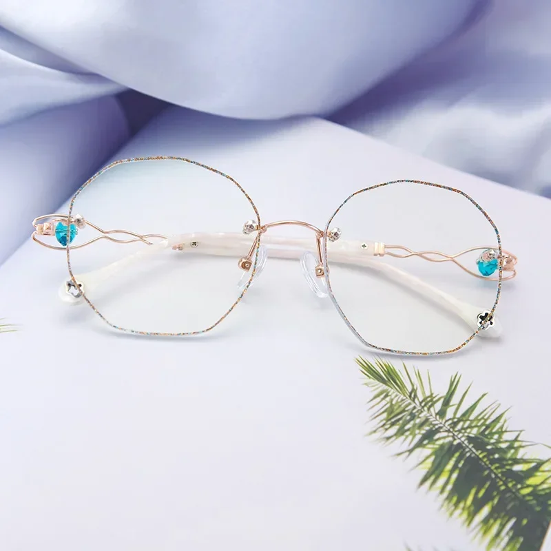 -100 -125 -150 Myopia Fashionable Frameless Diamond Trimmed Glasses for Women Rhinestone Sexy Glasses Alloy Gem Glasses