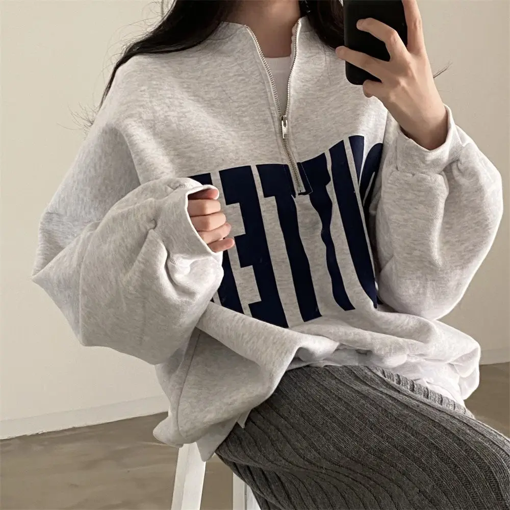 Fashion All-match Stand Collar Zip Sweatshirts Autumn New Letter Print Tops Women Y2k Long Sleeve Sweatshirt Mujer