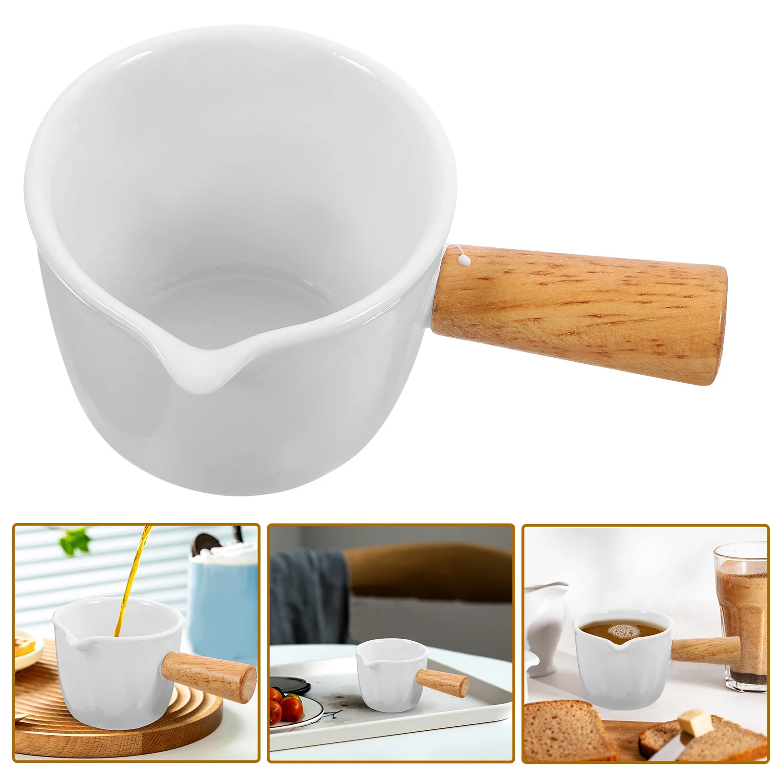 เหยือกนมเซรามิกขนาดเล็ก ด้ามจับไม้ ถ้วยตวงเอสเพรสโซ่ เหยือกซอส เหยือกน้ำเกรวี่ อเนกประสงค์ สำหรับร้านกาแฟ บ้าน ใช้เสิร์ฟครีม