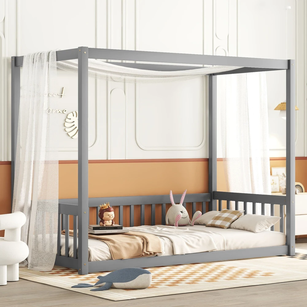 

Twin Size Canopy Frame Floor Bed with Fence, Guardrails,Grey