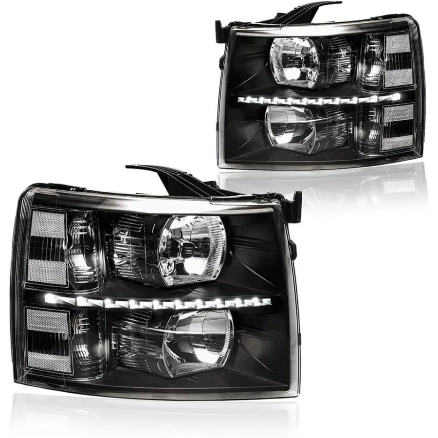 مجموعة مصابيح أمامية LED DRL لشاحنات تشيفي سيلفرادو 1500 و 20072014 سيلفرادو 2500HD 3500 مع مبيت أسود وC