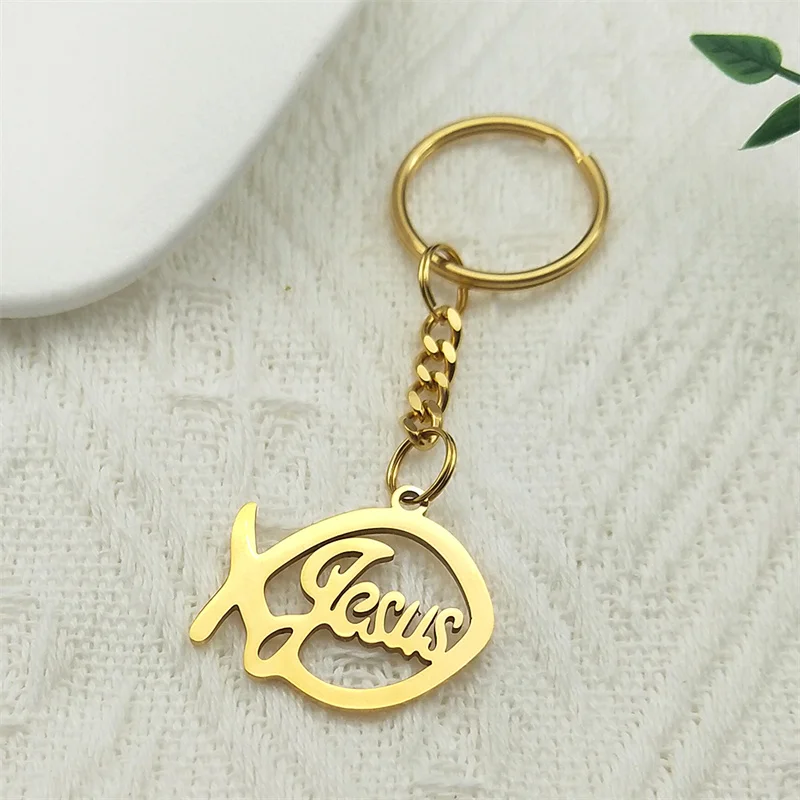 Stainless Steel Ichthy Jesus Fish Keychain for Women Men Gold Color Religious Backpack Pendant Key Ring Jewelry K1268S02