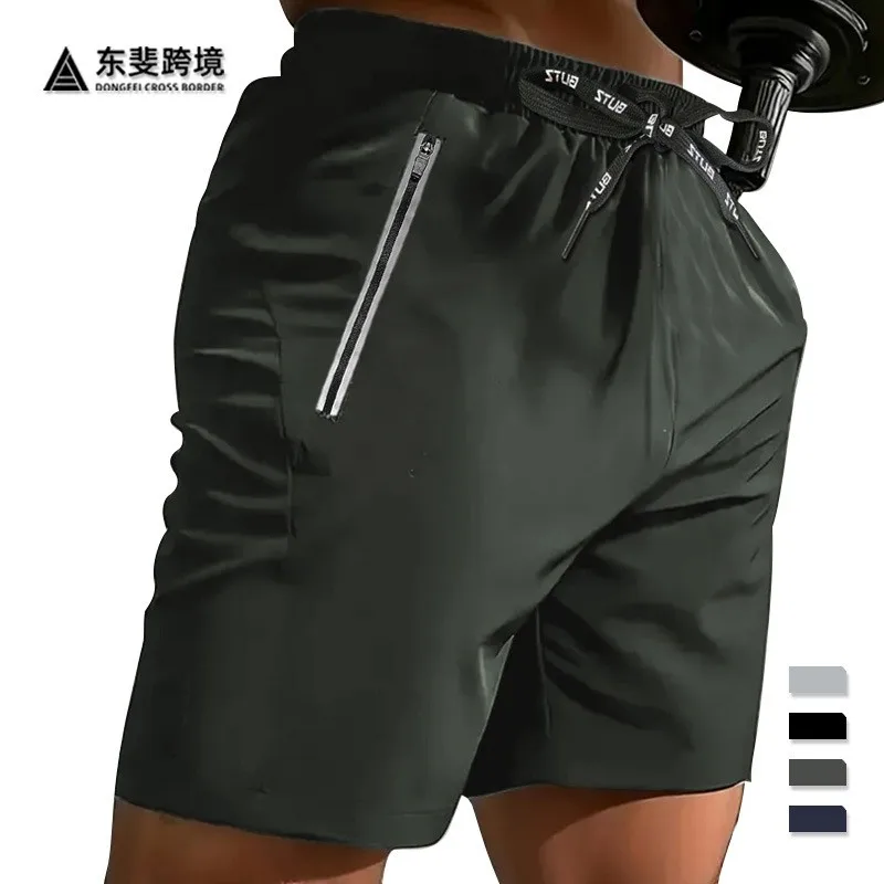 

Summer Men Shorts Drawstring Waist Short Pants Knee Length Zippered Pocket Casual Shorts Navy Blue Solid Color Straight Leg