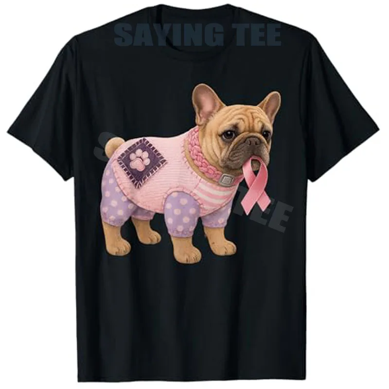 

French Bulldog Pink Ribbon Breast Cancer Pattern Felt Art T-Shirt in October We Wear Pink Breast Cancer Awareness Y2k Cute Tees