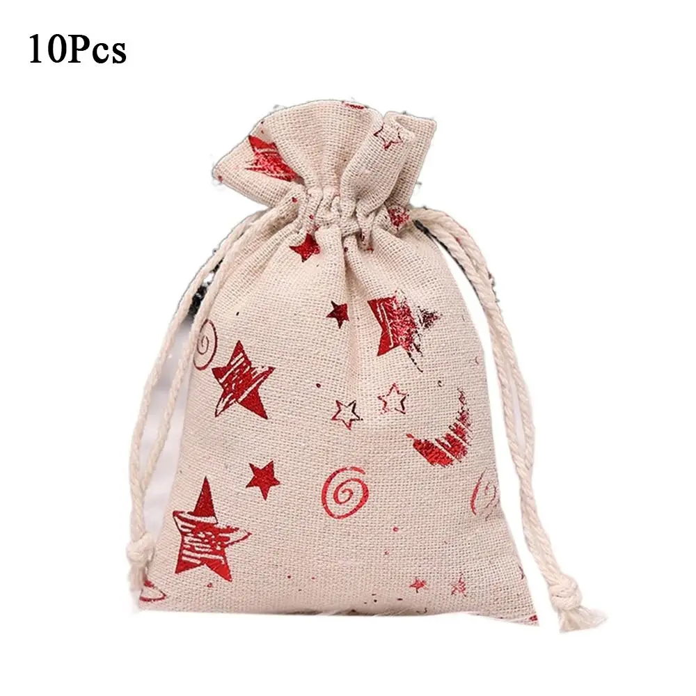 10Pcs Linen Christmas Candy Cotton Bag Santa Claus Snowflake Christmas Bronzing Gift Bag Printing Drawstring Christmas Gift Bag