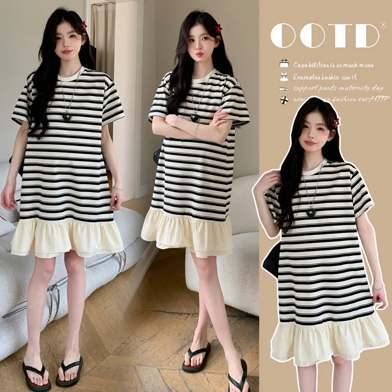 

2025 Pregnant Women's Summer Dress Korean Style Design Stitch Stripe Pregnancy Versatile Slimming Dress