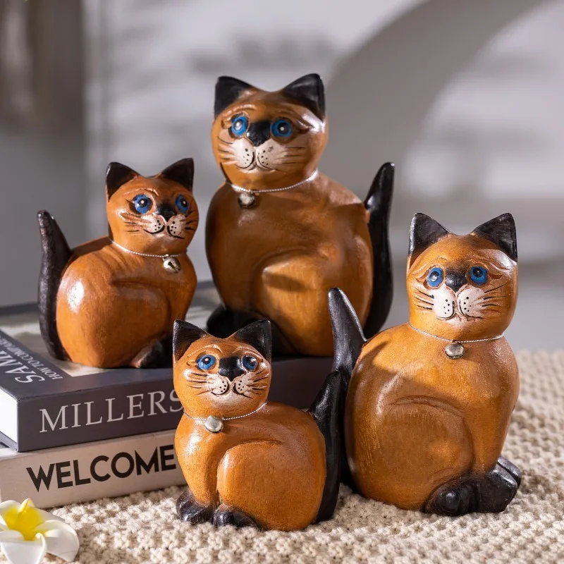 Thai Wooden Craft Kitten Figurine Ornament Home Decor Living Room Cabinet Office Desktop Cute Animal Statue Gift for Collectors