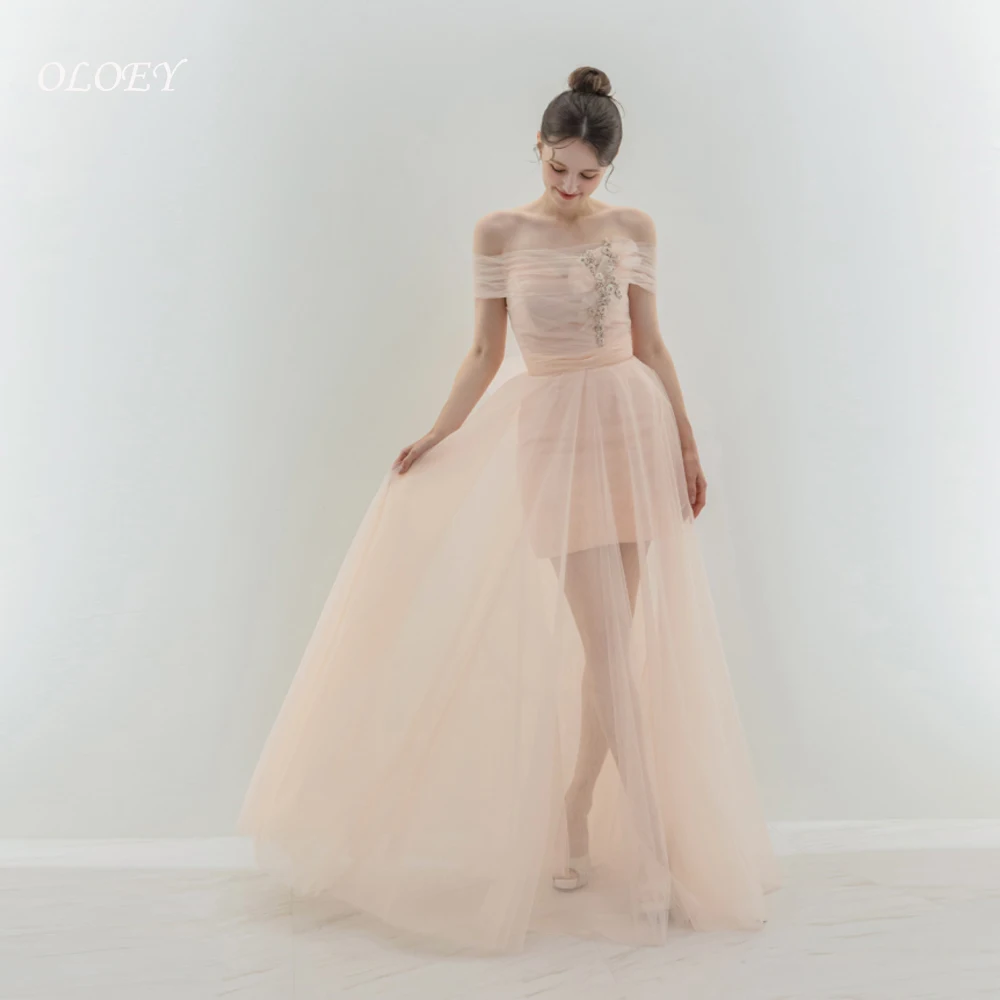 

OLOEY Pink Princess Korean Wedding Dresses A-Line Off The Shoulder Prom Dresses Floor Length Photo Shooy Prom Gowns