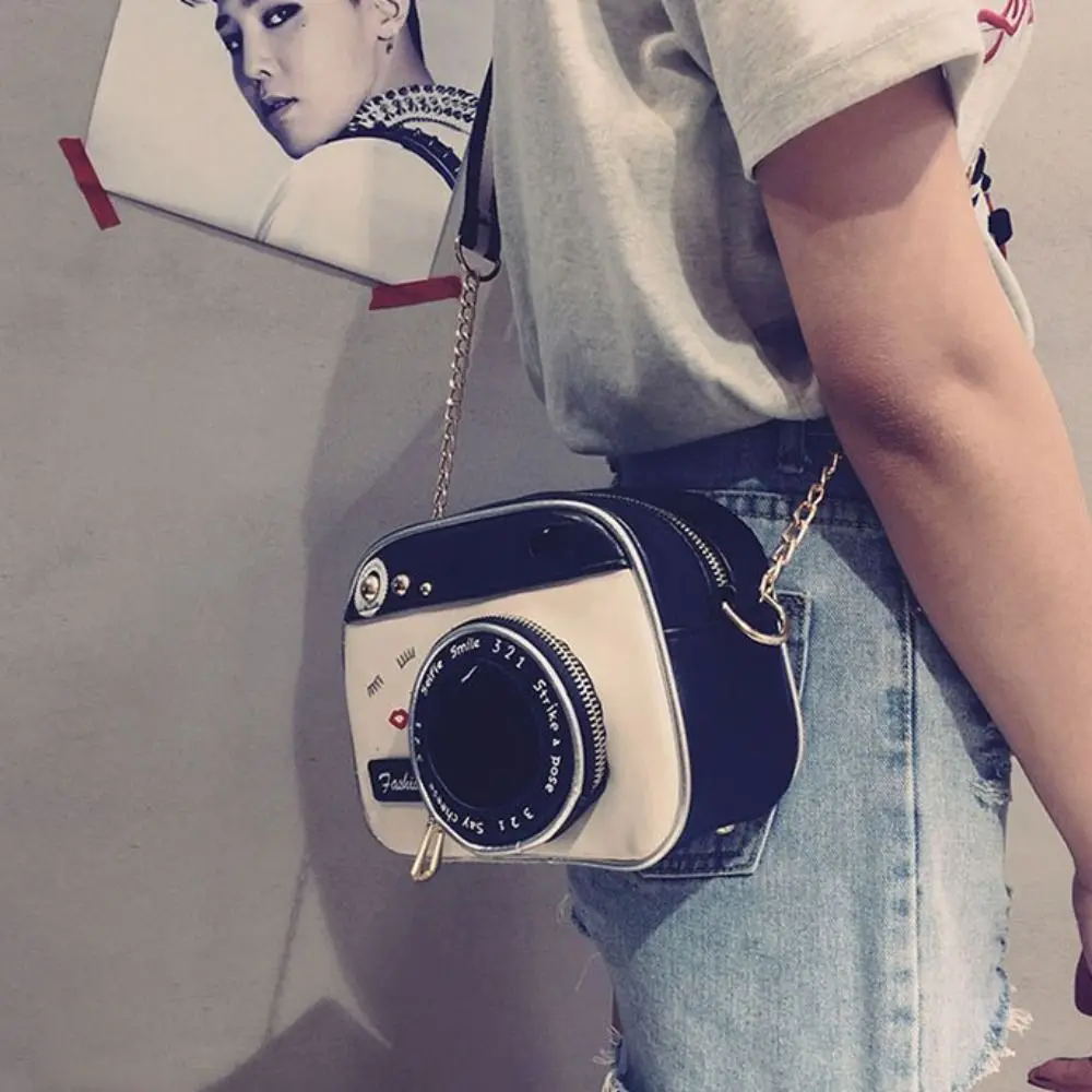 French PU Camera Shoulder Bag Small Bag Metal Chain Funny Box Bag Shoulder Bag Crossbody Bag PU Messenger Bag Party