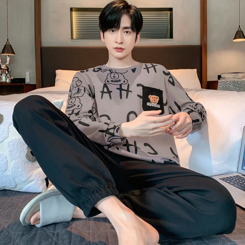 남성 플러스 사이즈 파자마 긴팔 회색 글자 만화 곰 프린트 학생 잠옷 청소년 풀오버 나이트웨어 홈웨어