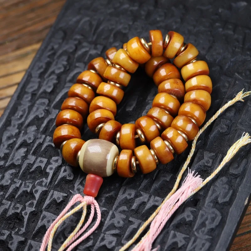 Tibetan-style natural jadeified hand-held car pendant, old wax-colored yak bone Buddhist beads with patina