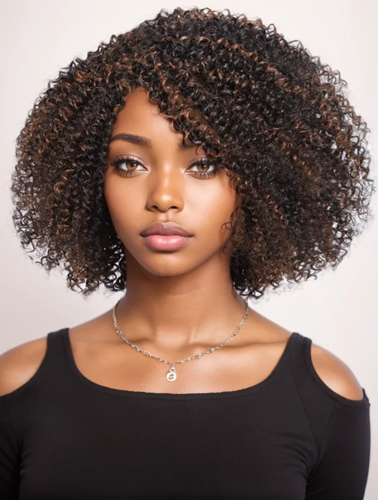 

Short Kinky Curly Bob Wigs For Women Brazilian Remy Human Hair Wigs Highlight Easy Wear Human Hair Wig With Bangs 200% Density