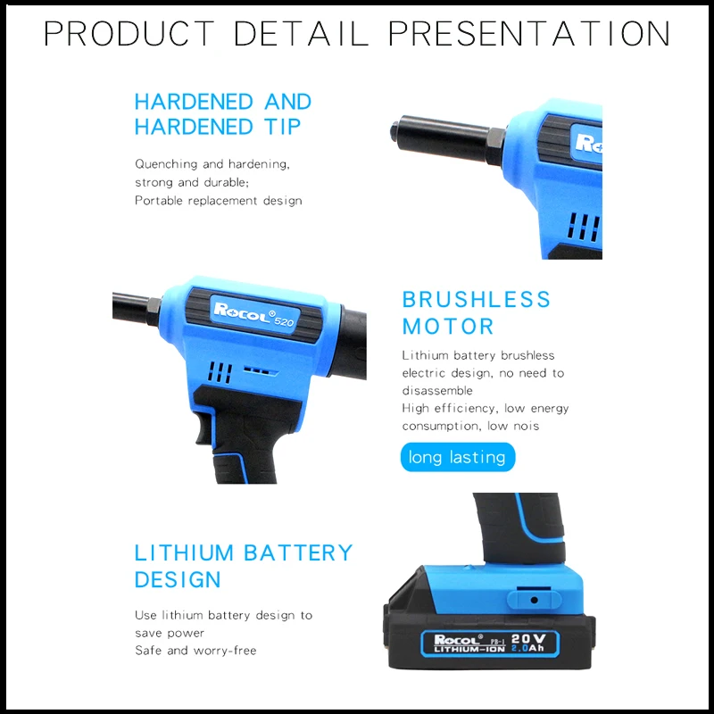 Rocol Rl520 Elektrische Klinknagel Pistool Oplaadbare Volautomatische Lithium Elektrische Kern Trekken Klinknagel Pistool Klinknagel Machine Geborstelde Klinknagels