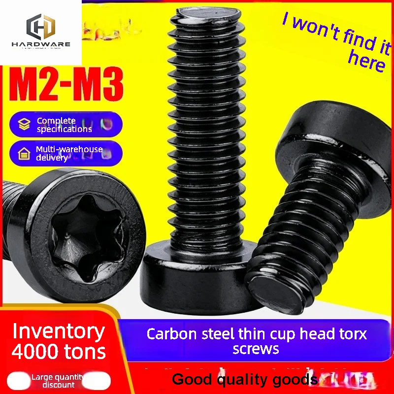 50pcs Carbon steel black cylindrical head thin-head Torx screw, short head cup head Torx slot screw, M2/M2.5/M3