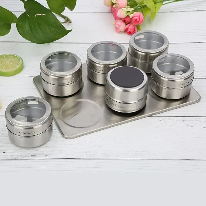 

6pcs/set Magnetic Spice Tin Jar with Rack Stainless Steel Spice Sauce Storage Container Clear Lid Jars Kitchen Condiment