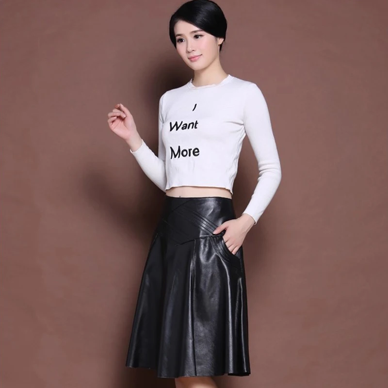 Black Quality Real Leather Women's A-Line Skirts 2026 New High Wasit Solid Chic Umbrella Office Mid-length Skirts Female