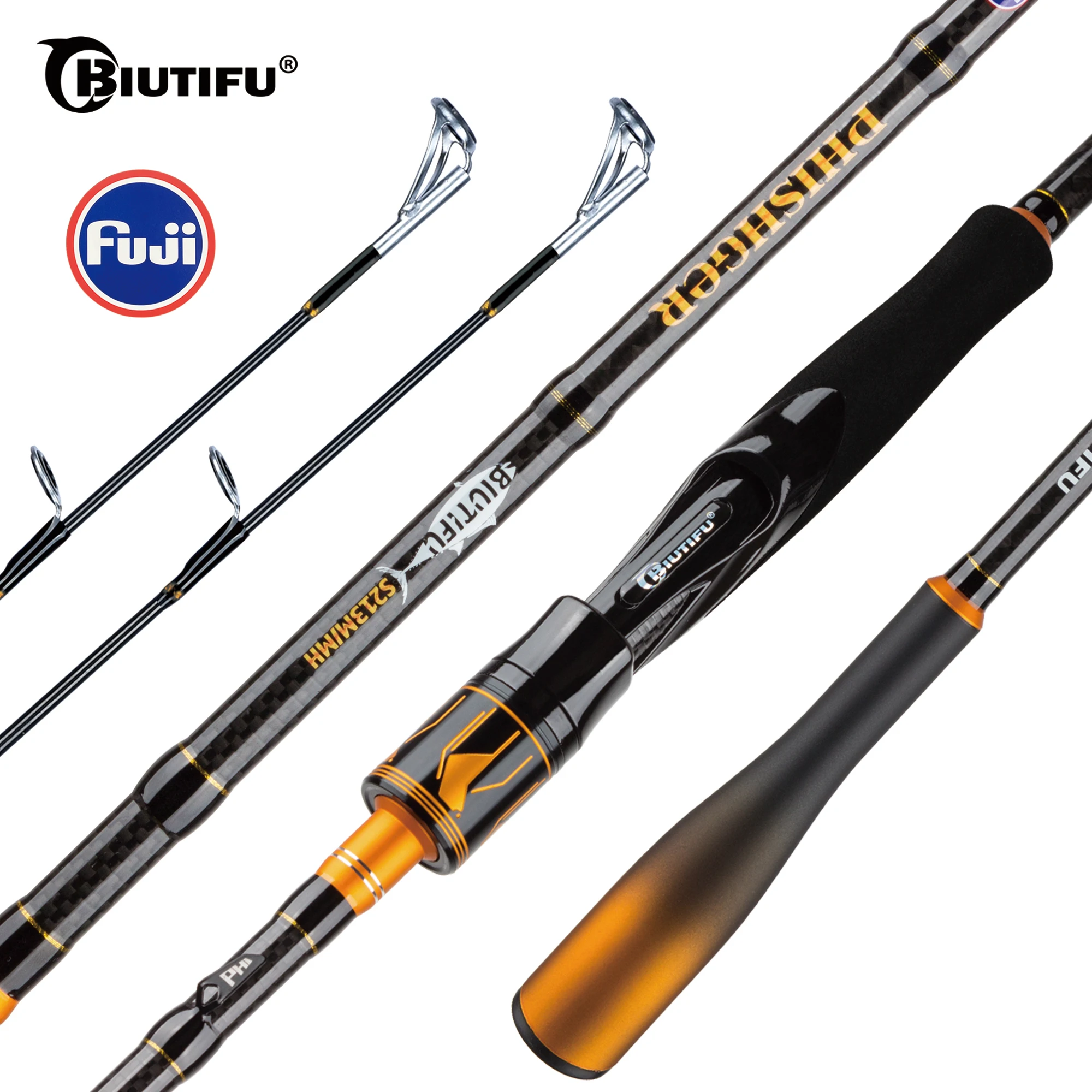 BIUTIFU 2-Tip Fuji Guide Spinning Casting Fishing Rod 1.8-2.7m 2-Sections T1000 Carbon Baitcasting Pole for Bass Pike 7-80g Lure