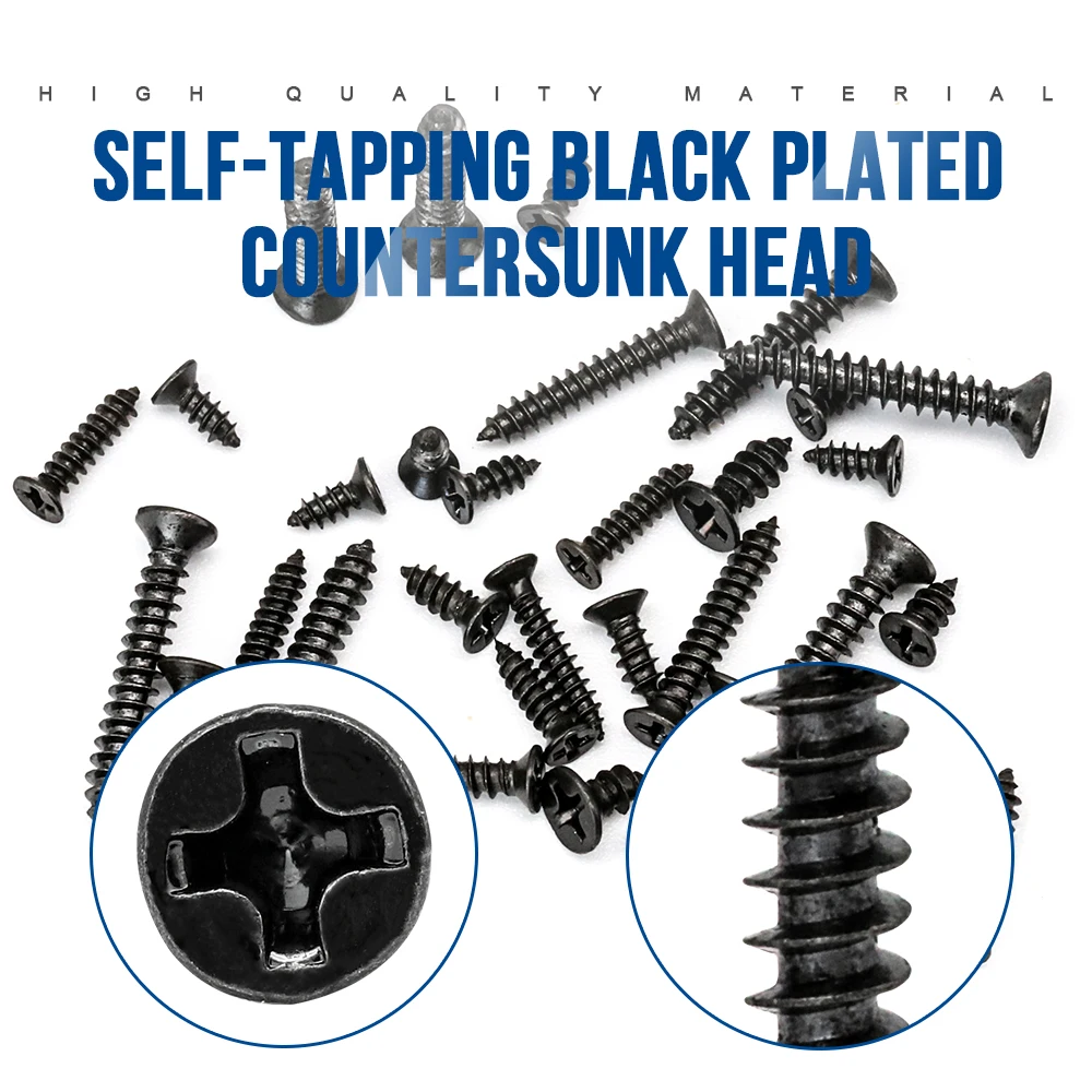 450/1200pcs Cross Flat Head Tapping Screws Kit M1.2 M1.4 M1.5 M1.7 M2 M2.3 M2.6 M3 Carbon Steel Black Phillips Screws Set