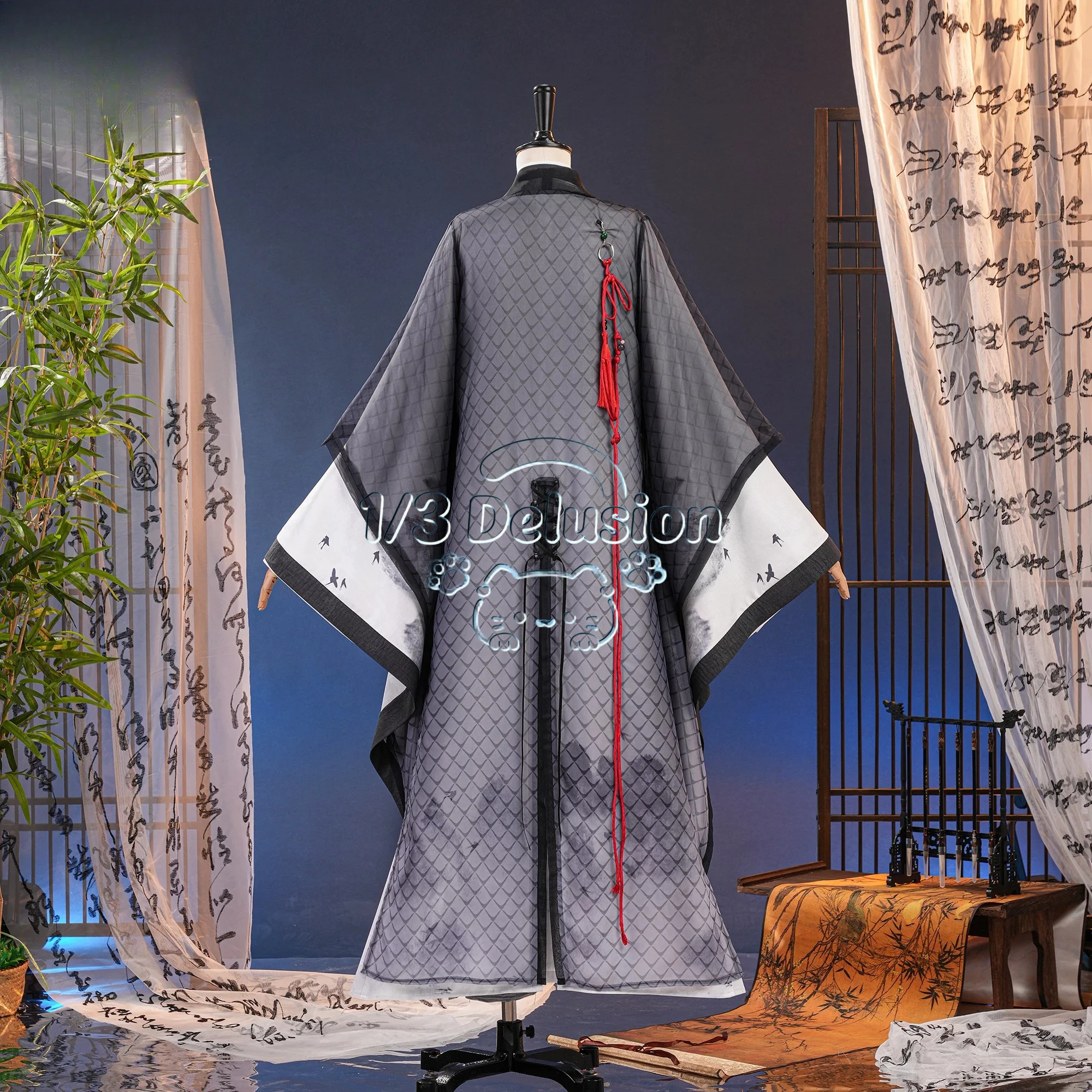 Where Winds Meet Wenjin Academy Cosplay Full Set Ancient Chinese Scholar Robe Complete Red Tassel Belt Ink Gray Hanfu