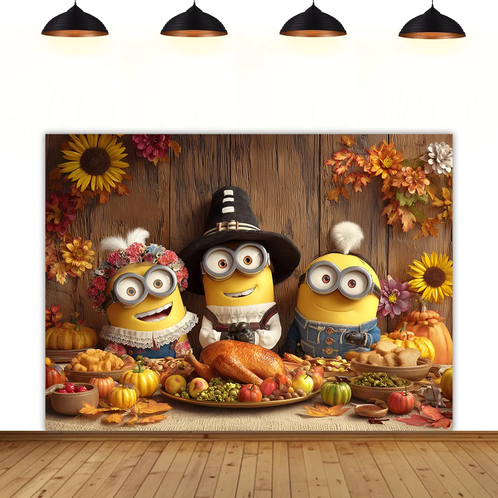 

autumn Theme background forest Thanksgiving maple leaf turkey for Mini ons pumpkin harvest sunflower plant photography backdrop