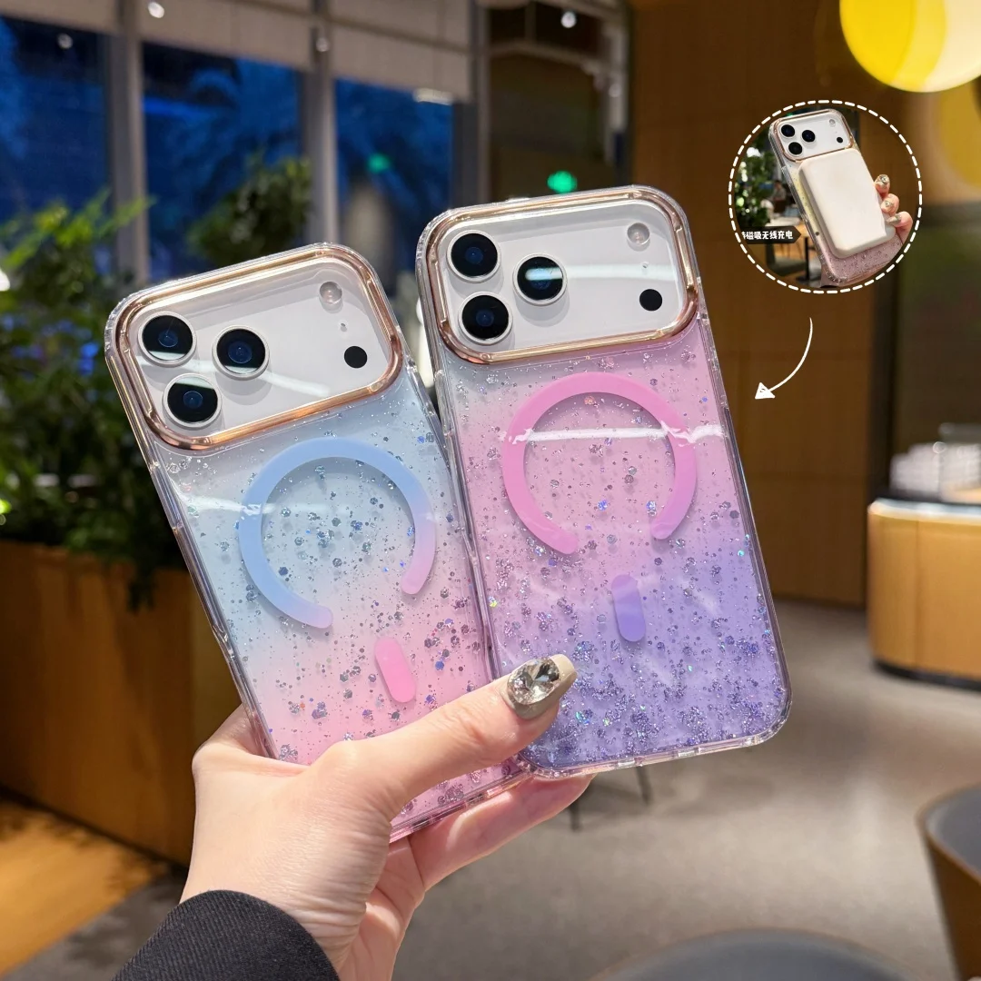 

Gradient Case For iPhone 17 Air Pro Max Magsafe Transparent Glitter Plating Camera Lens Protective Frame Resin Casting Cover