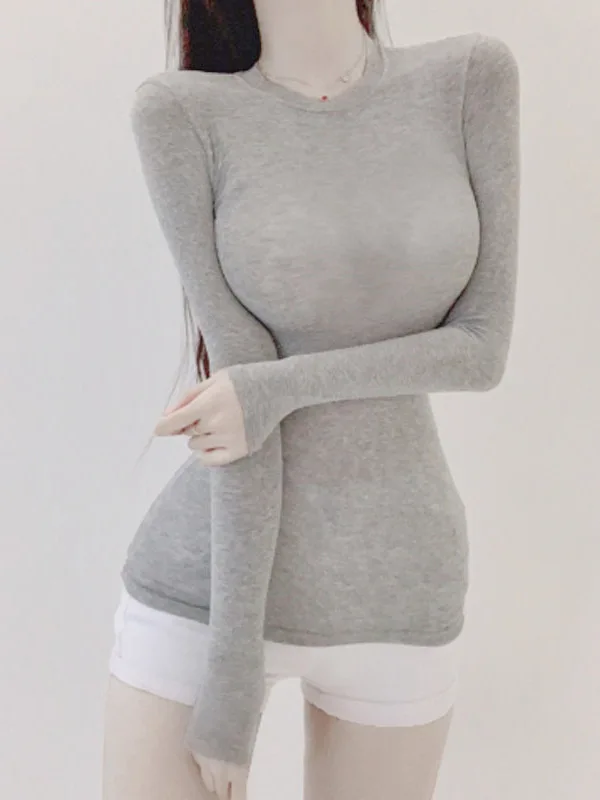 Korean 2024 Autumn/winter Version New Round Neck Long Sleeve T-shirt Women Cinching Waist Solid Slim Mid Length Style Top S2JM