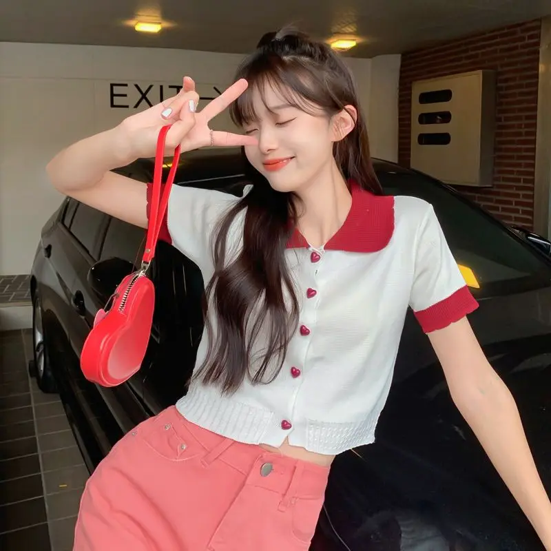 T-shirts Women Sweet Panelled Slim Knitting Retro All-match Daily Korean Style Leisure Fashion Simple Design New Students Summer