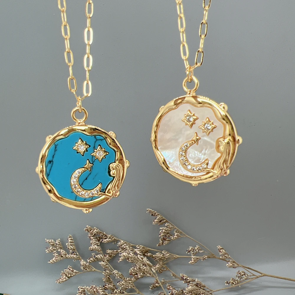 

Exquisite Stone Sea Shell Round Pendant Star Moon Necklace Women Fashion Jewelry
