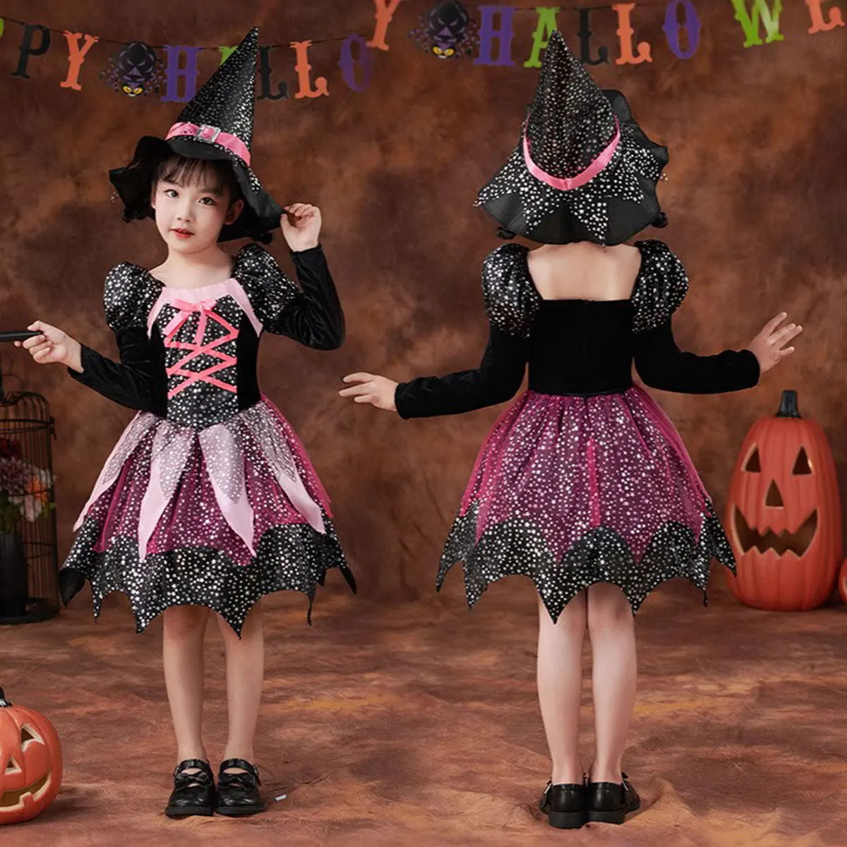 

Halloween Festive Girls Cosplay Pink Short Sleeve Witch Dress + Hat + Magic Stick Children Easter Party Horror Cute Witch Set