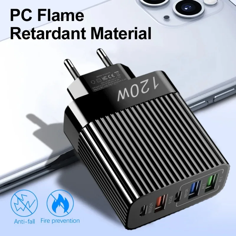 120W Quick Charging Mobile Phone Charger Multiple Ports USB PD Type C Cell Phone Wall Charger Adapter for IPhone Android US/EU