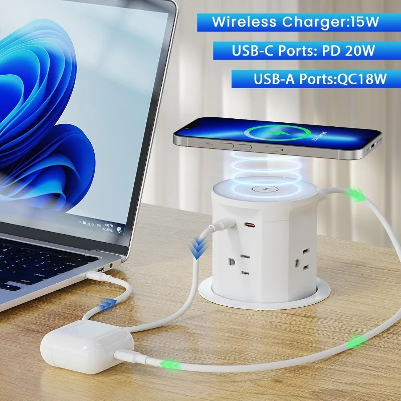منفذ منبثق للكونترتوب مع شاحن لاسلكي 15 وات، 4 منافذ، 2 منافذ PD20W USB-C، حلقة طاقة بفتحة مكتب 3.35 بوصة (85 مم)، Pop U #2